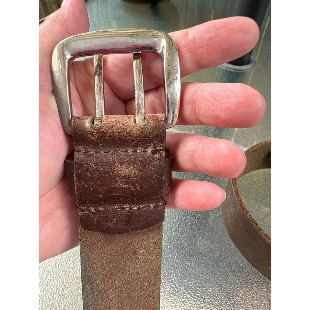 Genuine Leather Double Prong Belt Brown Distressed Silver Buckle Medium